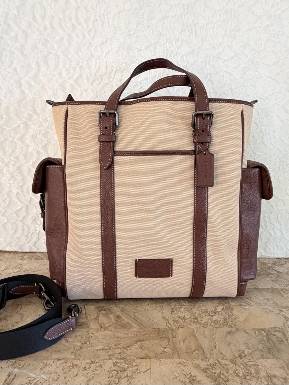 XL COACH spring CR323 Brown Beige tweed Leather Tote Bag unisex men’s bag